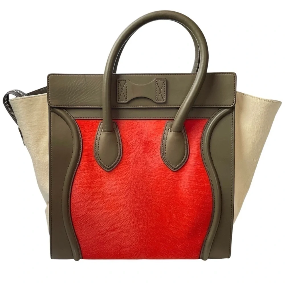 CELINE Tri-Color Pony Hair Calfskin Leather Mini Luggage Tote Bag Red Beige